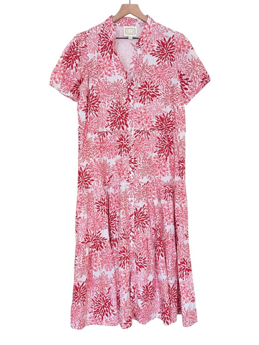 STS Sail to Sable White Pink Printed Poplin Tiered Midi Dress